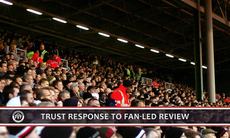 Title page to article with image of fans inside Hammersmith End, Craven Cottage