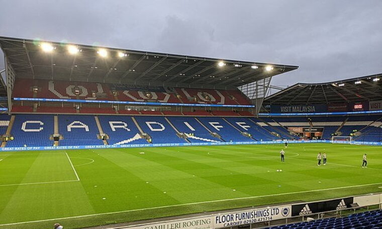 Landscape image of stand and pitch at Cardiff City FC stadium