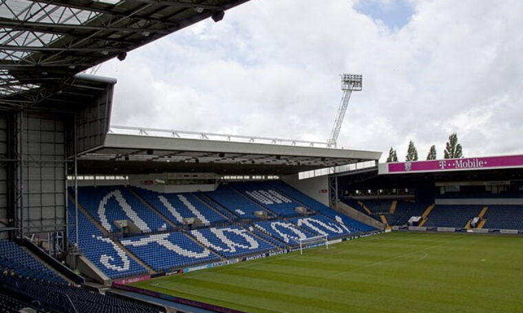 view of one end of the Hawthorns stadium and some of the pitch, West Brom stadium